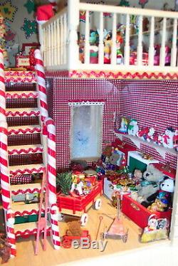 Miniature Santa's Workshop 1/12 dollhouse withelves, fireplace, antique sled, toys