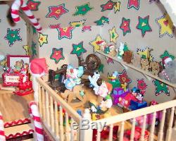 Miniature Santa's Workshop 1/12 dollhouse withelves, fireplace, antique sled, toys