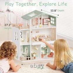 Modern Wooden Doll House for Kids Girls Toddler Dollhouse with 8 Rooms Playset