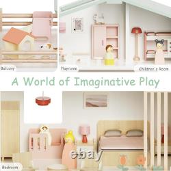 Modern Wooden Doll House for Kids Girls Toddler Dollhouse with 8 Rooms Playset