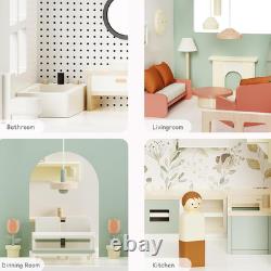 Modern Wooden Doll House for Kids Girls Toddler Dollhouse with 8 Rooms Playset