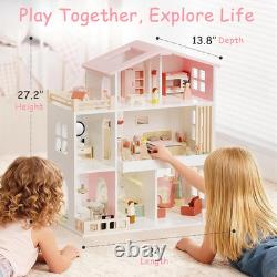 Modern Wooden Dollhouse for Kids Girls 8 Rooms Doll House Playset, DIY Pretend