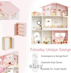 Modern Wooden Dollhouse for Kids Girls 8 Rooms Doll House Playset, DIY Pretend