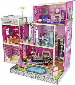 New! KidKraft Uptown Girl's Uptown Dollhouse With Furniture Wooden Playhouse