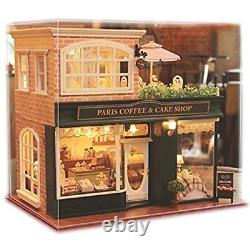 Ogrmar Wooden Dollhouse Miniatures DIY House Kit With Led Light And Dust Coffee