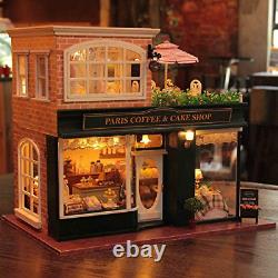 Ogrmar Wooden Dollhouse Miniatures DIY House Kit With Led Light And Dust Coffee