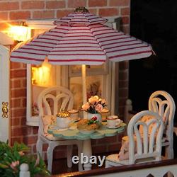 Ogrmar Wooden Dollhouse Miniatures DIY House Kit With Led Light And Dust Coffee