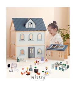 PairPear Wooden Toys Dollhouse, 3 Story Dollhouse Kit with Doll House Accessor