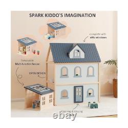 PairPear Wooden Toys Dollhouse, 3 Story Dollhouse Kit with Doll House Accessor