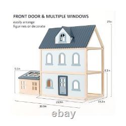 PairPear Wooden Toys Dollhouse, 3 Story Dollhouse Kit with Doll House Accessor