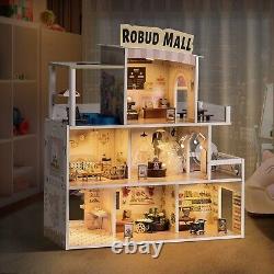 ROBOTIME Kids Wooden LED Dolls House with Furniture Dollhouse Toy for 3-6 Years