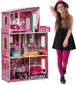 ROBUD DIY Pink Wooden 16 Furniture Play Fun Dollhouse 3-6 Years for Girls Gift