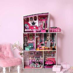 ROBUD DIY Pink Wooden 16 Furniture Play Fun Dollhouse 3-6 Years for Girls Gift