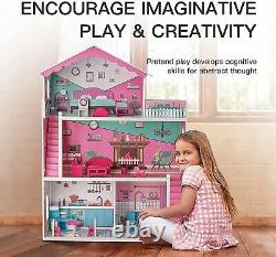 ROBUD Wooden Dollhouse with 3-Storey Furniture Pretend Play Toy for Girls Gifts