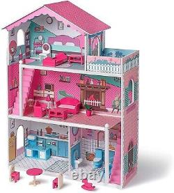 ROBUD Wooden Dollhouse with 3-Storey Furniture Pretend Play Toy for Girls Gifts