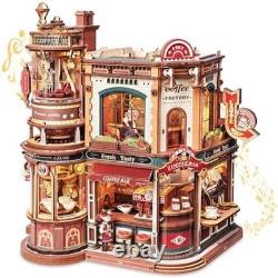 ROKR Moving Dream Coffee Factory DIY Miniature House Kit 3D Wooden Puzzles