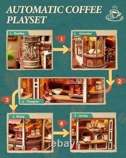 ROKR Moving Dream Coffee Factory DIY Miniature House Kit 3D Wooden Puzzles