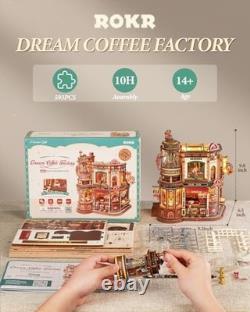 ROKR Moving Dream Coffee Factory DIY Miniature House Kit 3D Wooden Puzzles