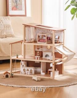 Robud 3-Story Bohemian Style Dollhouse with 37 pcs Furniture Wooden Dolls House
