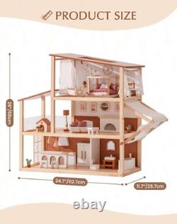 Robud 3-Story Bohemian Style Dollhouse with 37 pcs Furniture Wooden Dolls House