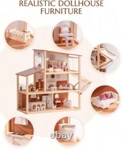 Robud 3-Story Bohemian Style Dollhouse with 37 pcs Furniture Wooden Dolls House