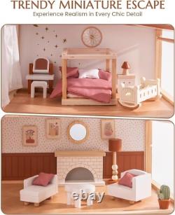 Robud 3-Story Bohemian Style Dollhouse with 37 pcs Furniture Wooden Dolls House