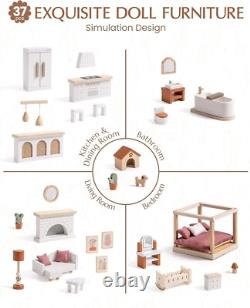 Robud 3-Story Bohemian Style Dollhouse with 37 pcs Furniture Wooden Dolls House