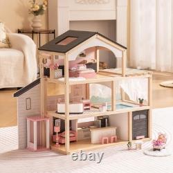 Robud Kids Wooden Dollhouse with Furniture Florida Black Playset for Ages3+