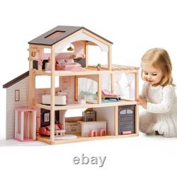 Robud Kids Wooden Dollhouse with Furniture Florida Black Playset for Ages3+