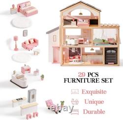 Robud Kids Wooden Dollhouse with Furniture Florida Black Playset for Ages3+