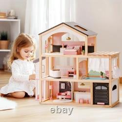 Robud Kids Wooden Dollhouse with Furniture Florida Black Playset for Ages3+