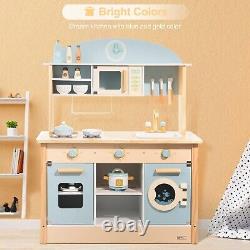 Robud Pretend Play Wooden Kitchen Set for Kids Microwave Oven Clock Towel Rack