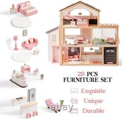 Robud Wooden Dollhouse 6 Rooms Wooden Doll House with 29Pcs Furniture Set Gift