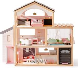 Robud Wooden Dollhouse 6 Rooms Wooden Doll House with 29Pcs Furniture Set Gift