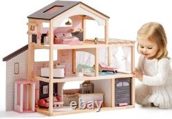 Robud Wooden Dollhouse 6 Rooms Wooden Doll House with 29Pcs Furniture Set Gift