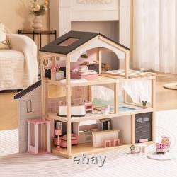 Robud Wooden Dollhouse 6 Rooms Wooden Doll House with 29Pcs Furniture Set Gift