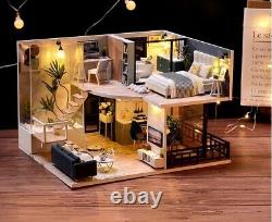 SATISFIED TIME 3D DIY Wooden Dollhouse Miniature Wood Furniture LED Kit Gift Toy