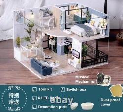 SATISFIED TIME 3D DIY Wooden Dollhouse Miniature Wood Furniture LED Kit Gift Toy