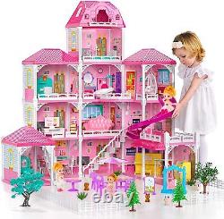 TEMI Doll House Dreamhouse for Girls 4-Story 12 Rooms Playhouse with 2 Dolls