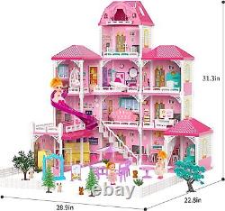 TEMI Doll House Dreamhouse for Girls 4-Story 12 Rooms Playhouse with 2 Dolls