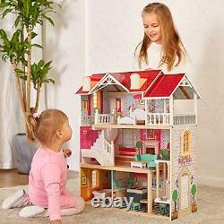 TOP BRIGHT Wooden Dolls House for Girls, Large Dollhouse Toy for Kids