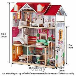 TOP BRIGHT Wooden Dolls House for Girls, Large Dollhouse Toy for Kids