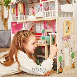 TOP BRIGHT Wooden Dolls House for Girls, Large Dollhouse Toy for Kids