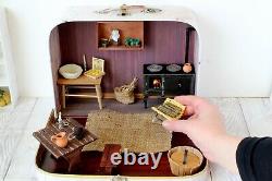 Travel dollhouse suitcase furniture rustic retro room. 112 scale table wash bow