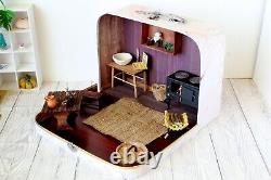 Travel dollhouse suitcase furniture rustic retro room. 112 scale table wash bow