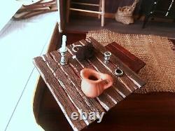 Travel dollhouse suitcase furniture rustic retro room. 112 scale table wash bow