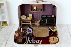 Travel dollhouse suitcase furniture rustic retro room. 112 scale table wash bow