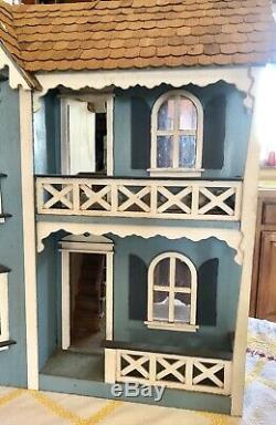 Vintage Antique Blue Wood Wooden Victorian Handmade Dollhouse Cottage 24 Tall