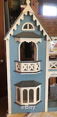 Vintage Antique Blue Wood Wooden Victorian Handmade Dollhouse Cottage 24 Tall