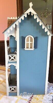 Vintage Antique Blue Wood Wooden Victorian Handmade Dollhouse Cottage 24 Tall